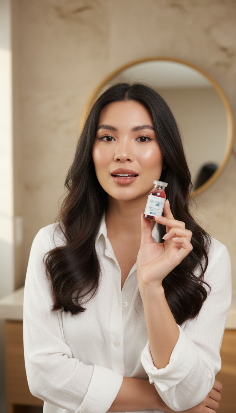 kit trattamento capelli danneggiati - Beox Versaty Pro Hair, fiala in mano, mentre posa con capelli lunghi e ondulati.