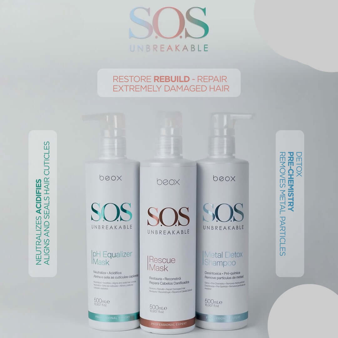 Recupero capelli danneggiati Kit Beox SOS Unbreakable con shampoo e maschere per capelli danneggiati.