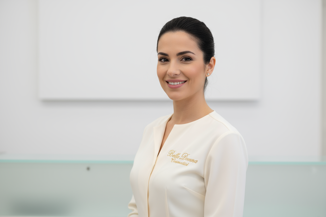 uma mulher sorrindo pronta para fazer o atendimento ao cliente, com uma Blusa escrito: Bella Donna Cosmetici